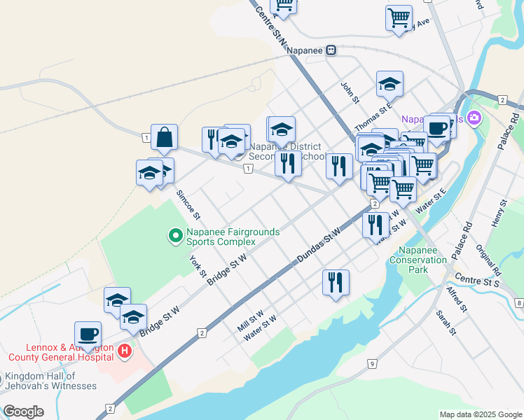 map of restaurants, bars, coffee shops, grocery stores, and more near 151 Thomas Street West in Napanee