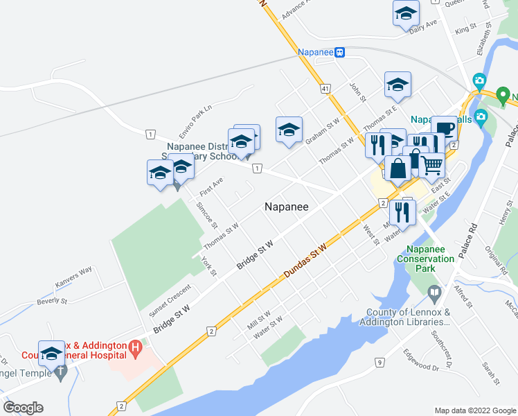 map of restaurants, bars, coffee shops, grocery stores, and more near 151 Thomas Street West in Napanee