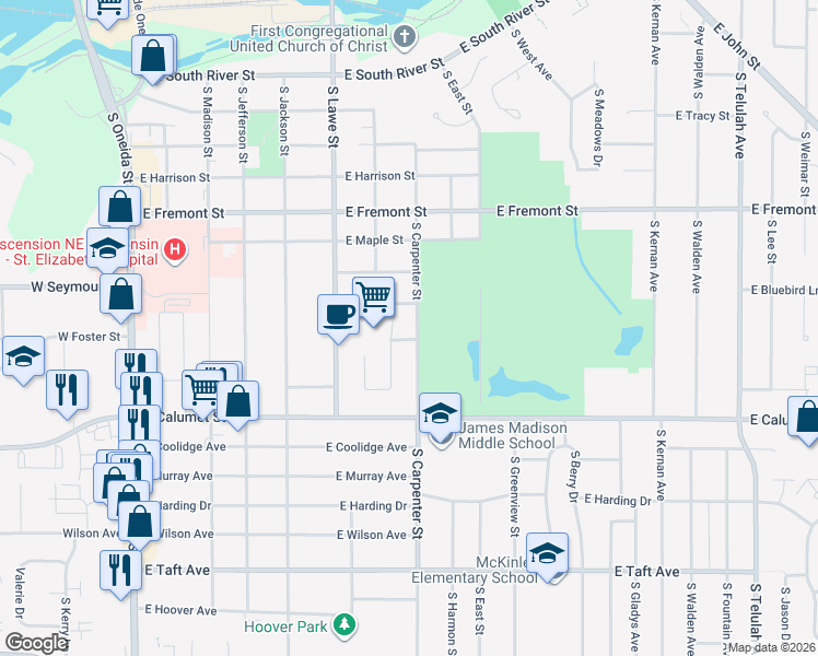 map of restaurants, bars, coffee shops, grocery stores, and more near 1721 South Carpenter Street in Appleton