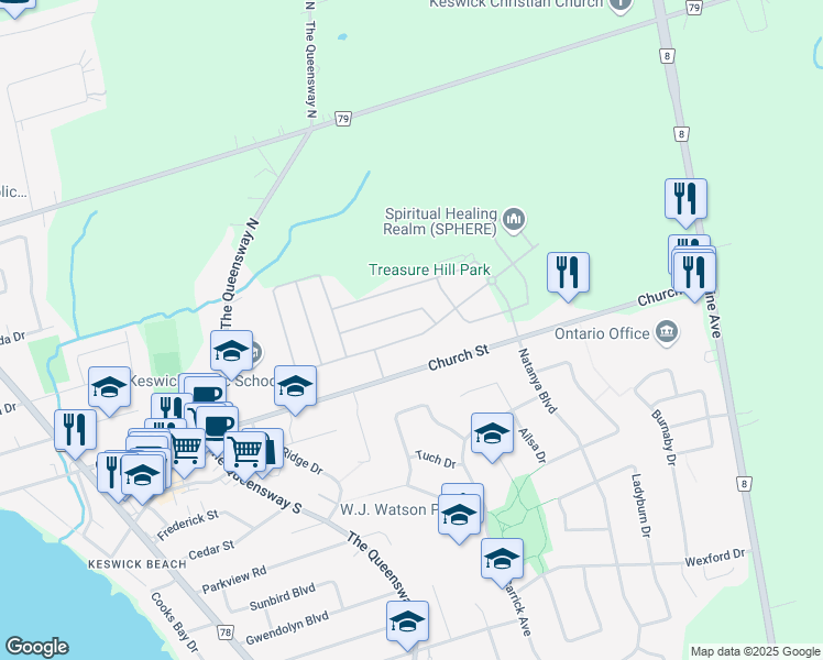 map of restaurants, bars, coffee shops, grocery stores, and more near 202 Danny Wheeler Boulevard in Georgina