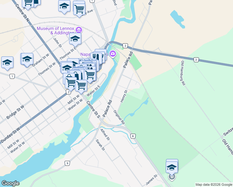 map of restaurants, bars, coffee shops, grocery stores, and more near 93 Palace Road in Napanee