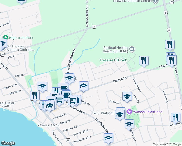 map of restaurants, bars, coffee shops, grocery stores, and more near 376 Danny Wheeler Boulevard in Georgina