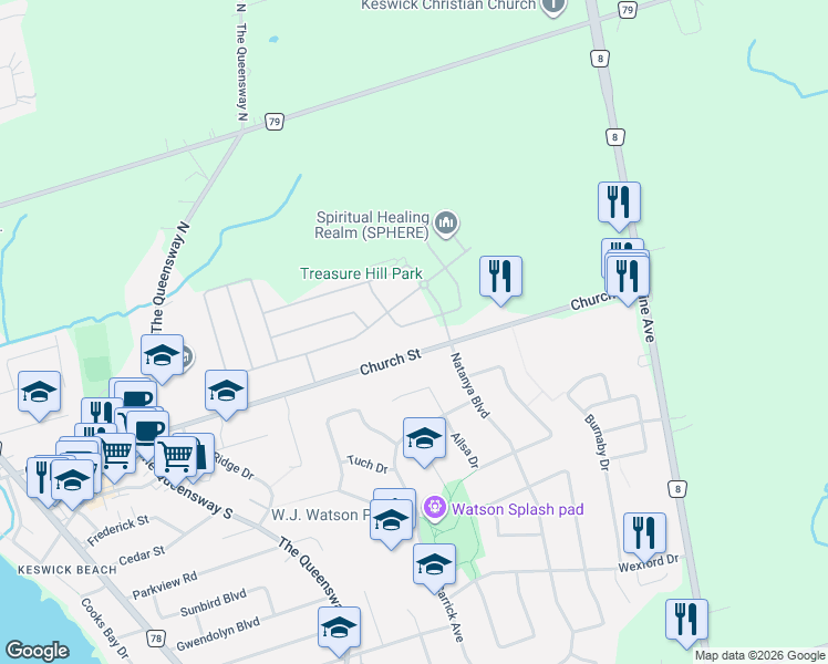 map of restaurants, bars, coffee shops, grocery stores, and more near 17 Stennett Drive in Georgina