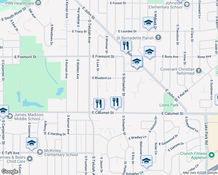 map of restaurants, bars, coffee shops, grocery stores, and more near 1709 South Rebecca Lane in Appleton