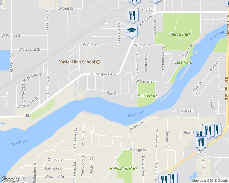 map of restaurants, bars, coffee shops, grocery stores, and more near 1724 South Connell Street in Appleton