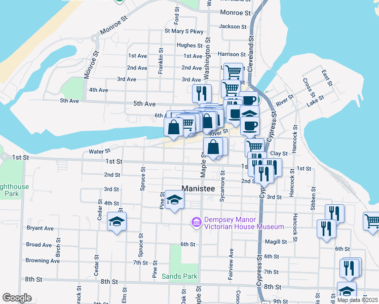 map of restaurants, bars, coffee shops, grocery stores, and more near 414 Water Street in Manistee