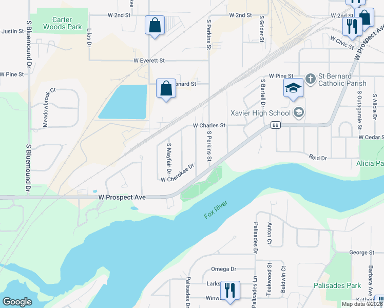 map of restaurants, bars, coffee shops, grocery stores, and more near 1712 South Seminole Road in Appleton