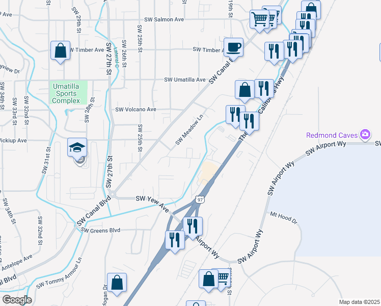 map of restaurants, bars, coffee shops, grocery stores, and more near 2118 Southwest Meadowbrook Drive in Redmond