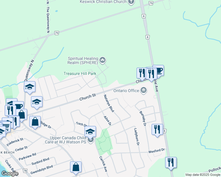 map of restaurants, bars, coffee shops, grocery stores, and more near 90 Church Street in Georgina
