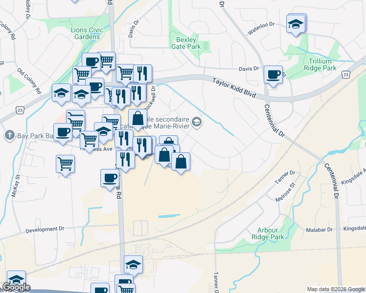 map of restaurants, bars, coffee shops, grocery stores, and more near 1335 Demers Avenue in Kingston