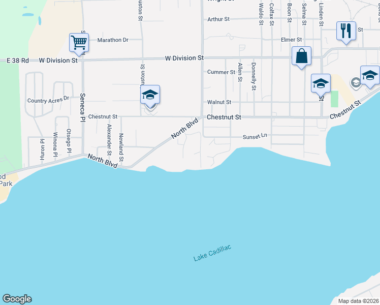map of restaurants, bars, coffee shops, grocery stores, and more near 144 North Shore Drive East in Cadillac