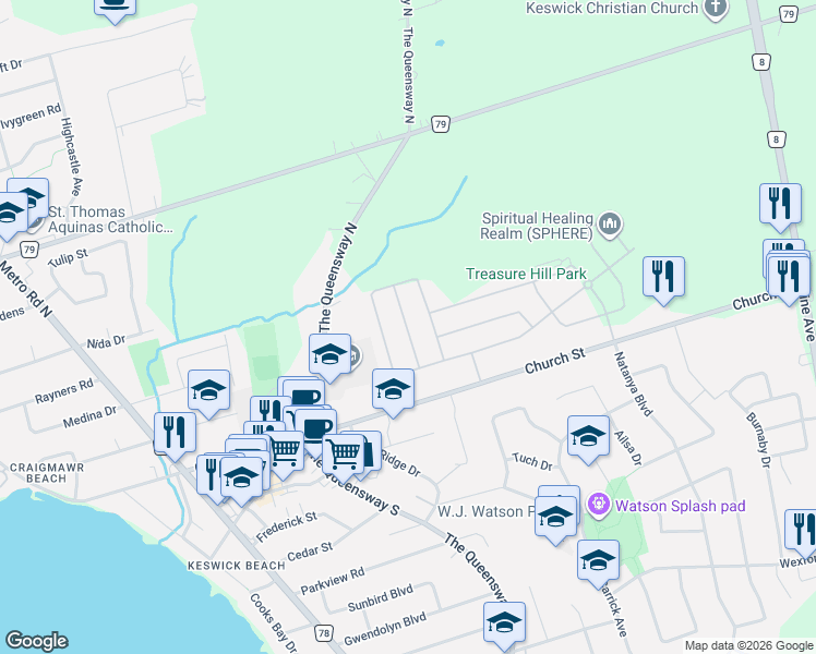 map of restaurants, bars, coffee shops, grocery stores, and more near 34 Valleo Street in Georgina