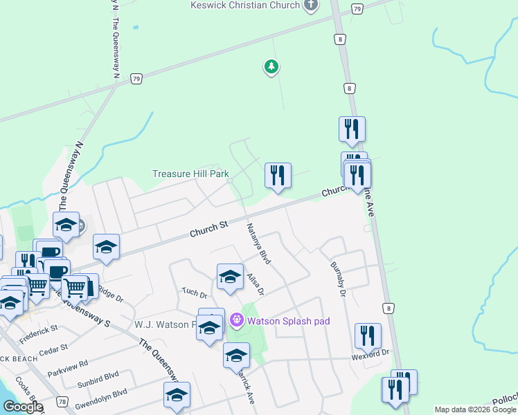 map of restaurants, bars, coffee shops, grocery stores, and more near 90 Church Street in Georgina