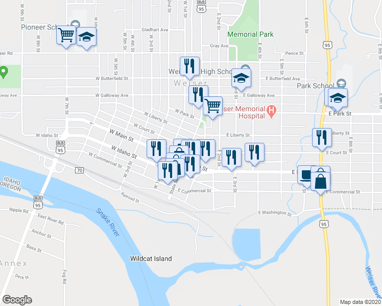map of restaurants, bars, coffee shops, grocery stores, and more near 536 State Street in Weiser