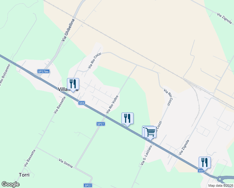 map of restaurants, bars, coffee shops, grocery stores, and more near 17 Via Rio Voltre in Villanova