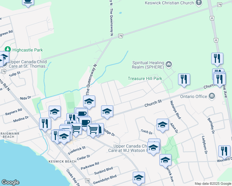 map of restaurants, bars, coffee shops, grocery stores, and more near 372 Danny Wheeler Boulevard in Georgina