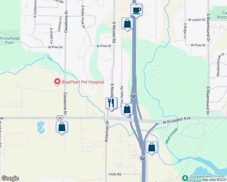 map of restaurants, bars, coffee shops, grocery stores, and more near 1641 South Nicolet Road in Appleton