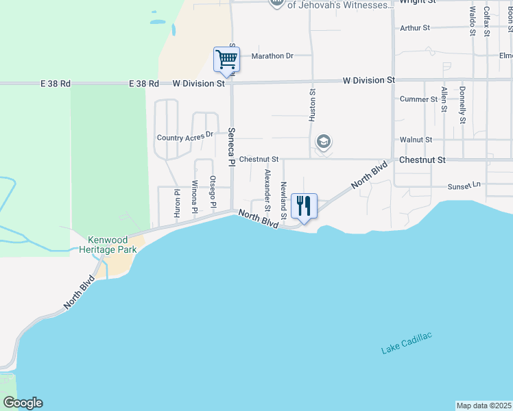 map of restaurants, bars, coffee shops, grocery stores, and more near Vick Ave in Cadillac