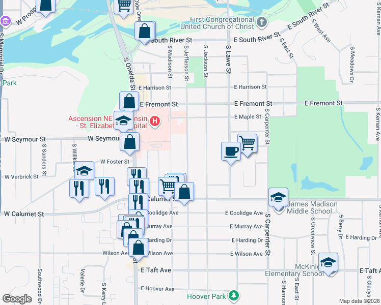 map of restaurants, bars, coffee shops, grocery stores, and more near 1708 South Jefferson Street in Appleton