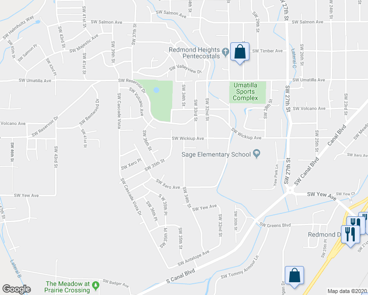map of restaurants, bars, coffee shops, grocery stores, and more near 2418 Southwest Wickiup Court in Redmond