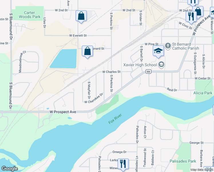 map of restaurants, bars, coffee shops, grocery stores, and more near 1712 South Seminole Road in Appleton
