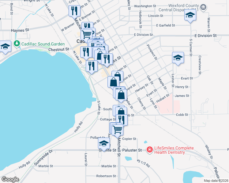 map of restaurants, bars, coffee shops, grocery stores, and more near 409 South Mitchell Street in Cadillac