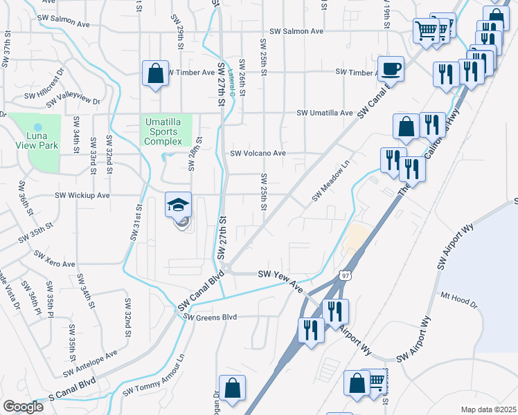 map of restaurants, bars, coffee shops, grocery stores, and more near 3145 Southwest 25th Street in Redmond