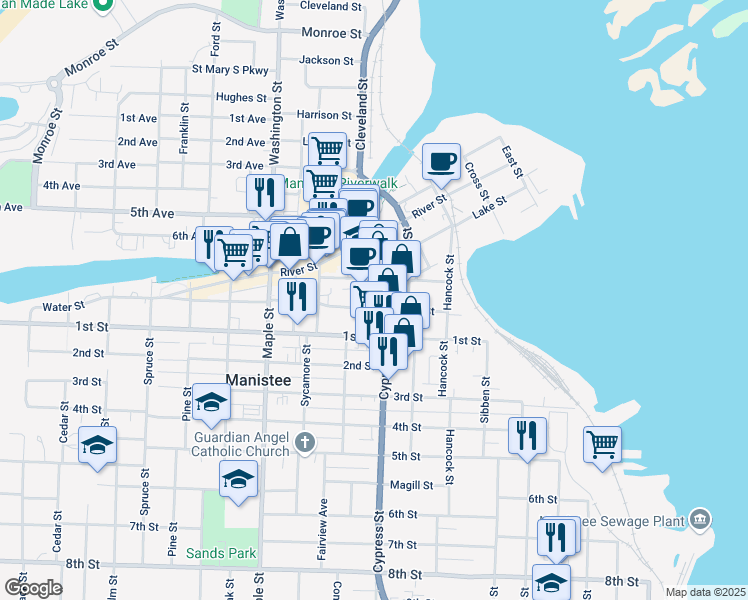 map of restaurants, bars, coffee shops, grocery stores, and more near 81 Division Street in Manistee