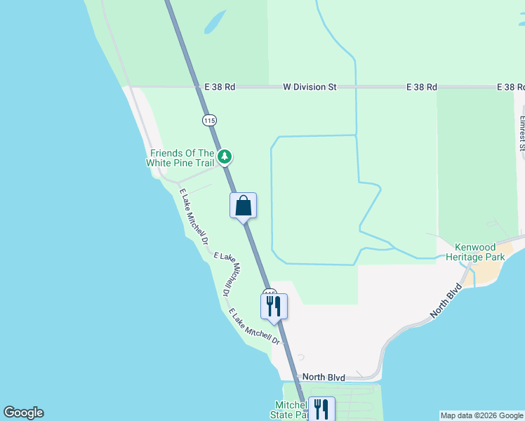 map of restaurants, bars, coffee shops, grocery stores, and more near 6201 Michigan 115 in Cadillac