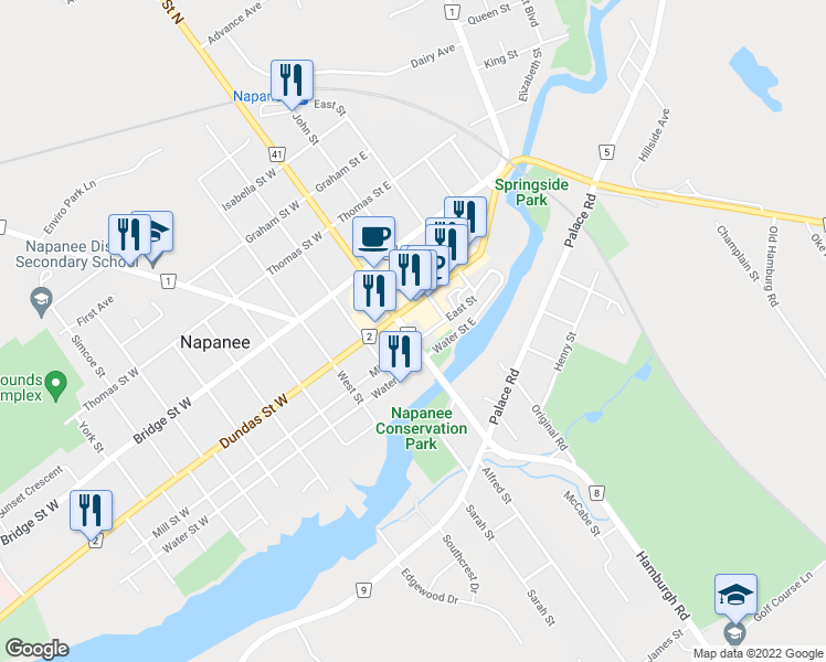 map of restaurants, bars, coffee shops, grocery stores, and more near 79 Centre Street North in Napanee