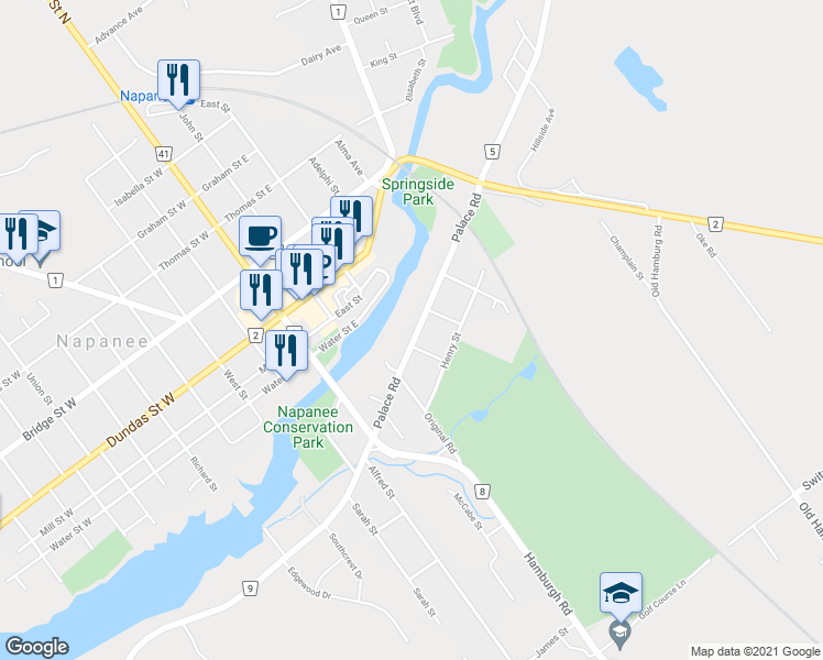 map of restaurants, bars, coffee shops, grocery stores, and more near 93 Palace Road in Napanee