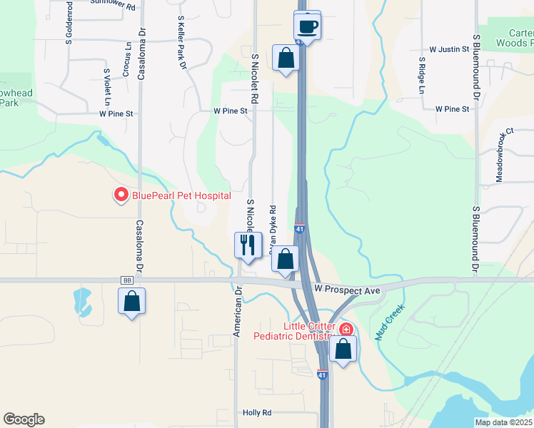 map of restaurants, bars, coffee shops, grocery stores, and more near 1701 South Van Dyke Road in Appleton