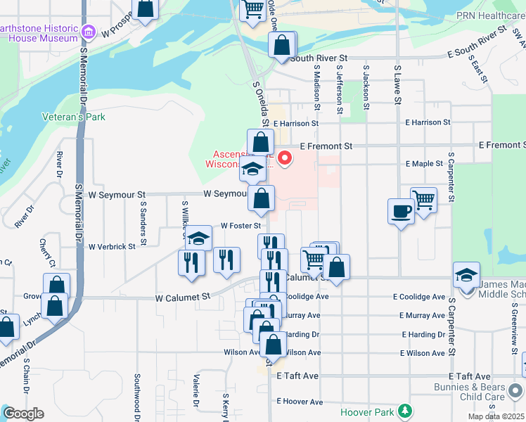 map of restaurants, bars, coffee shops, grocery stores, and more near 1707 South Oneida Street in Appleton