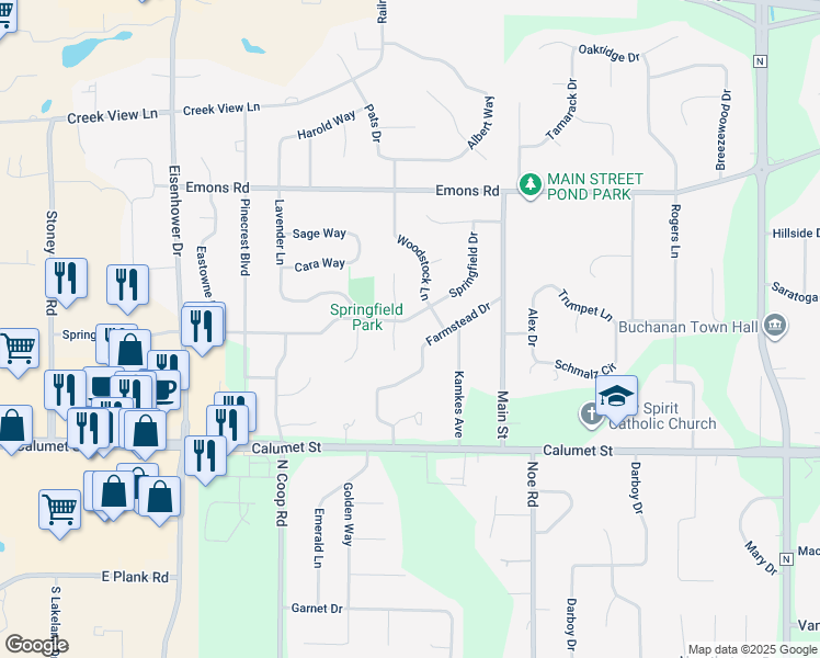 map of restaurants, bars, coffee shops, grocery stores, and more near W2979 Springfield Dr in Appleton