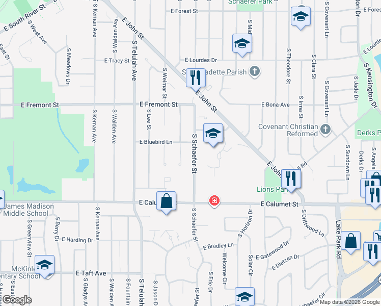 map of restaurants, bars, coffee shops, grocery stores, and more near 1717 South Schaefer Street in Appleton