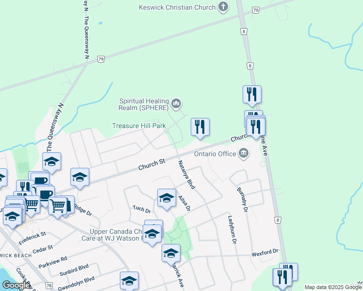 map of restaurants, bars, coffee shops, grocery stores, and more near 90 Church Street in Georgina