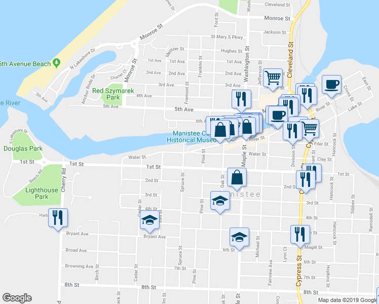 map of restaurants, bars, coffee shops, grocery stores, and more near Water Street in Manistee