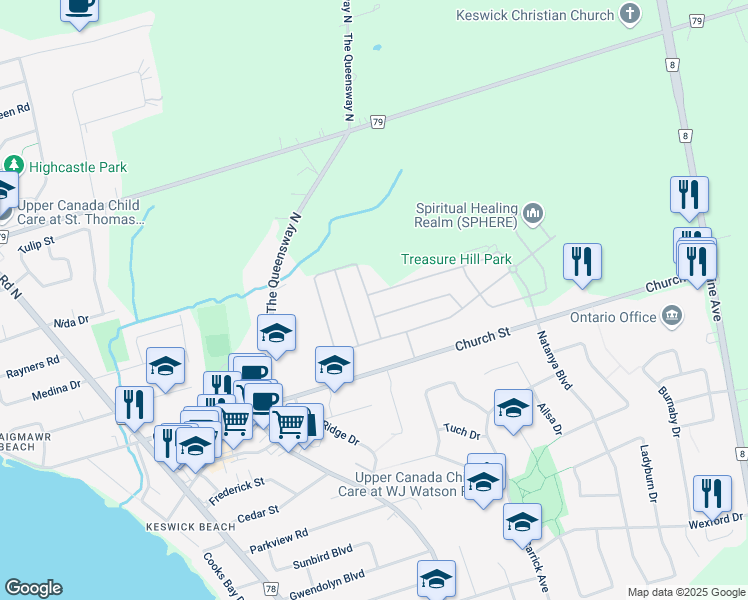 map of restaurants, bars, coffee shops, grocery stores, and more near 372 Danny Wheeler Boulevard in Georgina