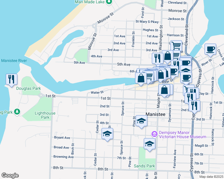 map of restaurants, bars, coffee shops, grocery stores, and more near 507 Water Street in Manistee
