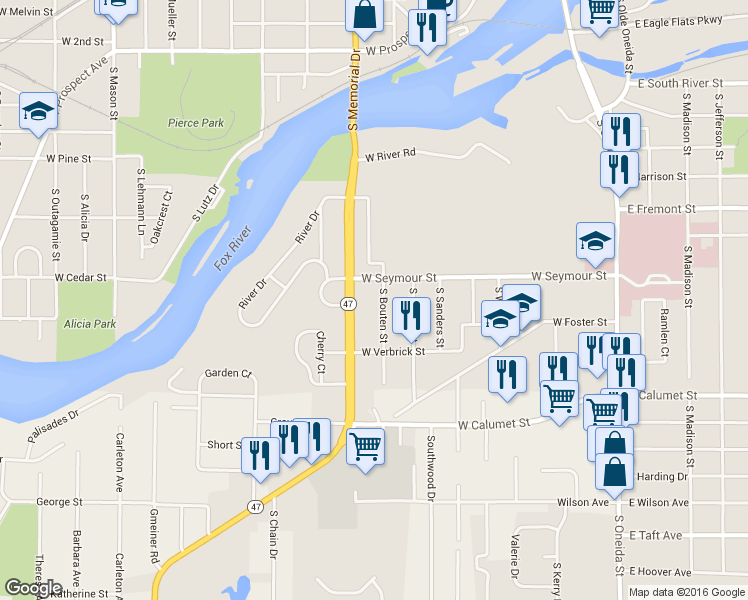 map of restaurants, bars, coffee shops, grocery stores, and more near 1707 S Bouten St in Appleton