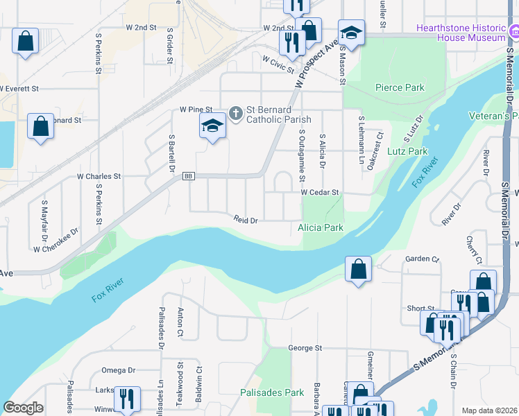 map of restaurants, bars, coffee shops, grocery stores, and more near 1709 South Douglas Street in Appleton