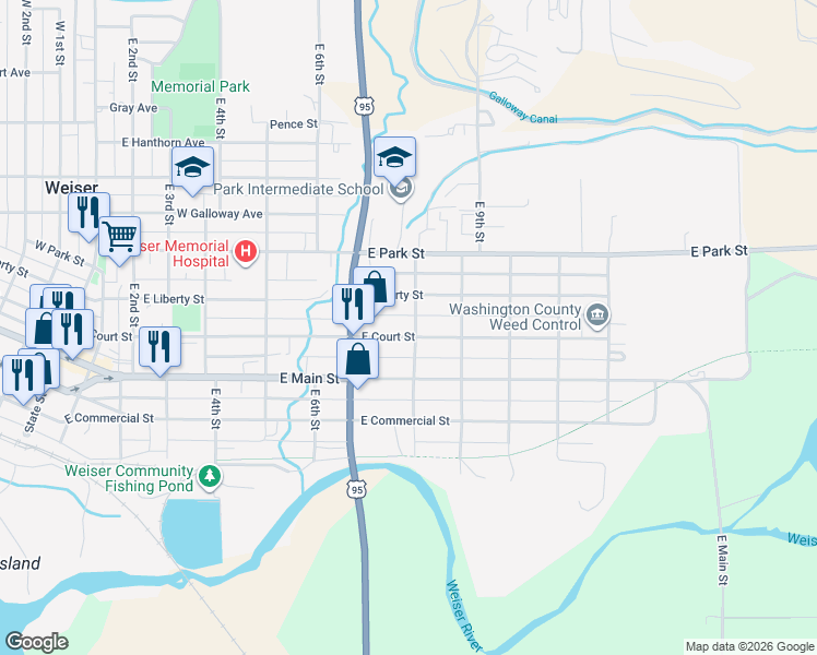 map of restaurants, bars, coffee shops, grocery stores, and more near 740 East Court Street in Weiser