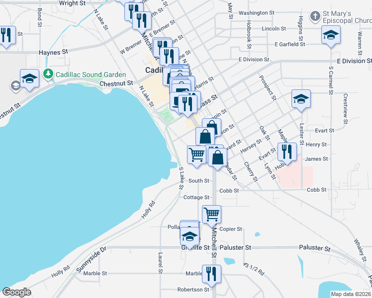 map of restaurants, bars, coffee shops, grocery stores, and more near 300-698 South Lake Street in Cadillac