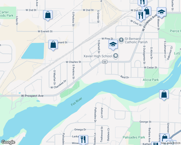 map of restaurants, bars, coffee shops, grocery stores, and more near 2020 West Prospect Avenue in Appleton