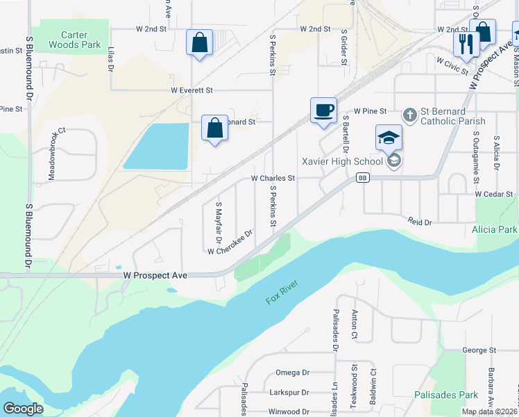 map of restaurants, bars, coffee shops, grocery stores, and more near 1712 South Seminole Road in Appleton