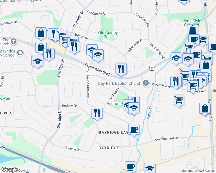 map of restaurants, bars, coffee shops, grocery stores, and more near 887 Ludgate Crescent in Kingston