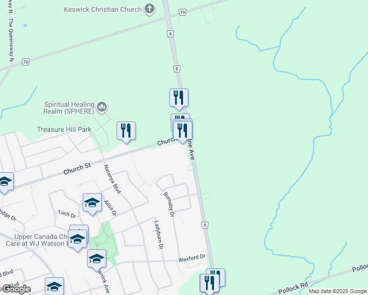 map of restaurants, bars, coffee shops, grocery stores, and more near 1 Church Street in Georgina