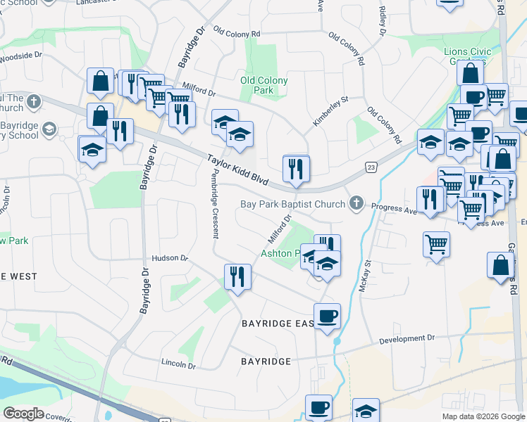map of restaurants, bars, coffee shops, grocery stores, and more near 881 Ludgate Crescent in Kingston