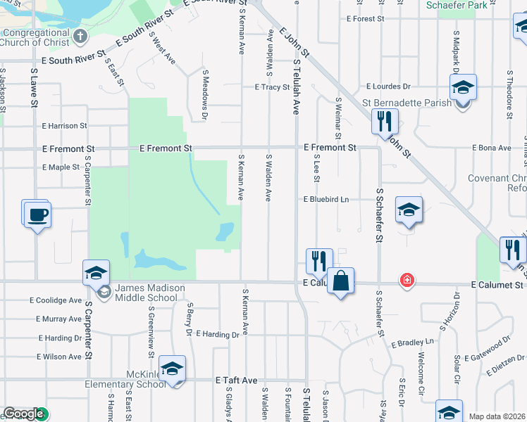 map of restaurants, bars, coffee shops, grocery stores, and more near 1700 South Kernan Avenue in Appleton