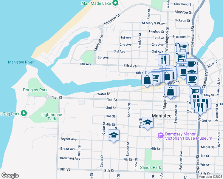 map of restaurants, bars, coffee shops, grocery stores, and more near 507 Water Street in Manistee